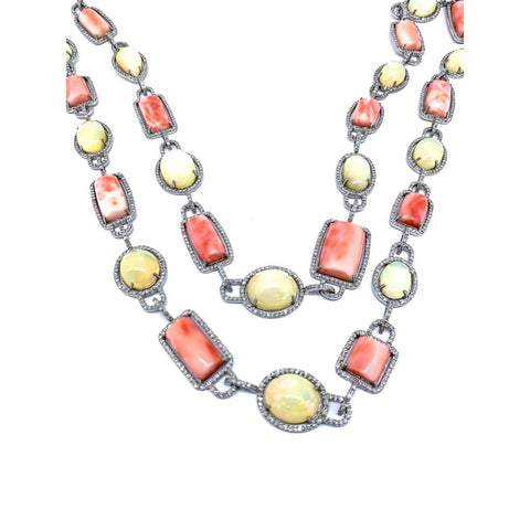 Coral, Opal and Diamond Link Necklace