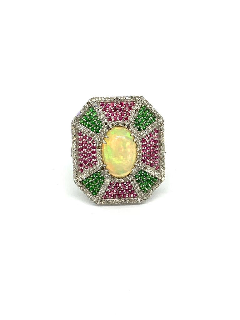 Opal pink Ruby Tsavorite and Diamond Ring