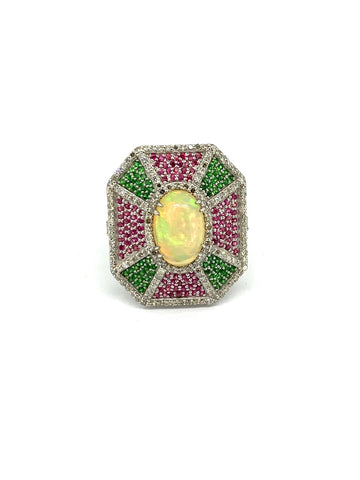 Opal pink Ruby Tsavorite and Diamond Ring