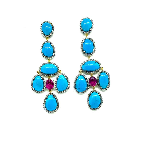 Turquoise Rubellite and Diamond Earrings